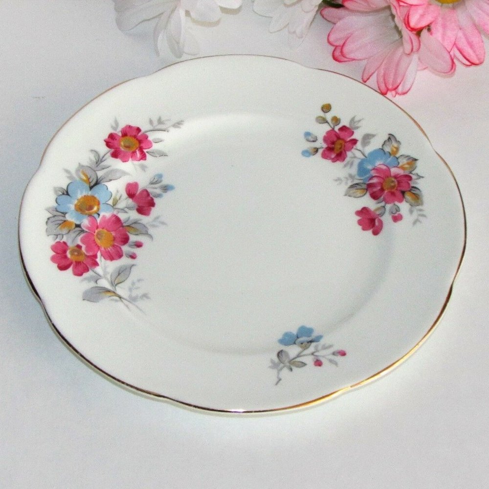 Adderley Vintage Fine Bone China Bread or Cake Plate Pink Blue Floral England
